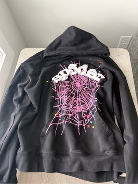 Black Hoodie with Pink Spiderweb Graphic